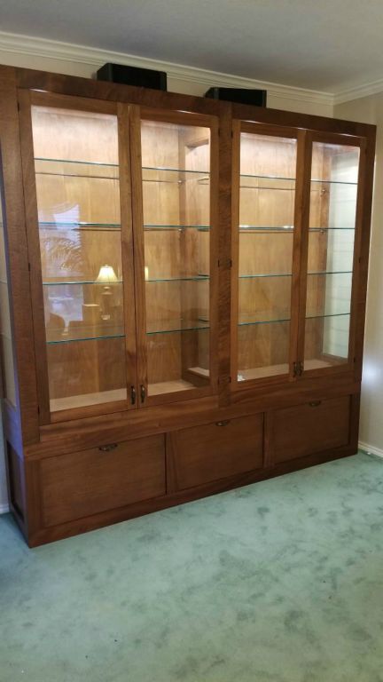 Mahogany Curio Cabinet with Pull Out Record Player Holder and Media Drawers