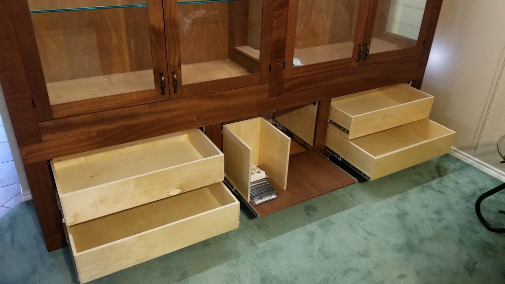 Mahogany Curio Cabinet with Pull Out Record Player Holder and Media Drawers