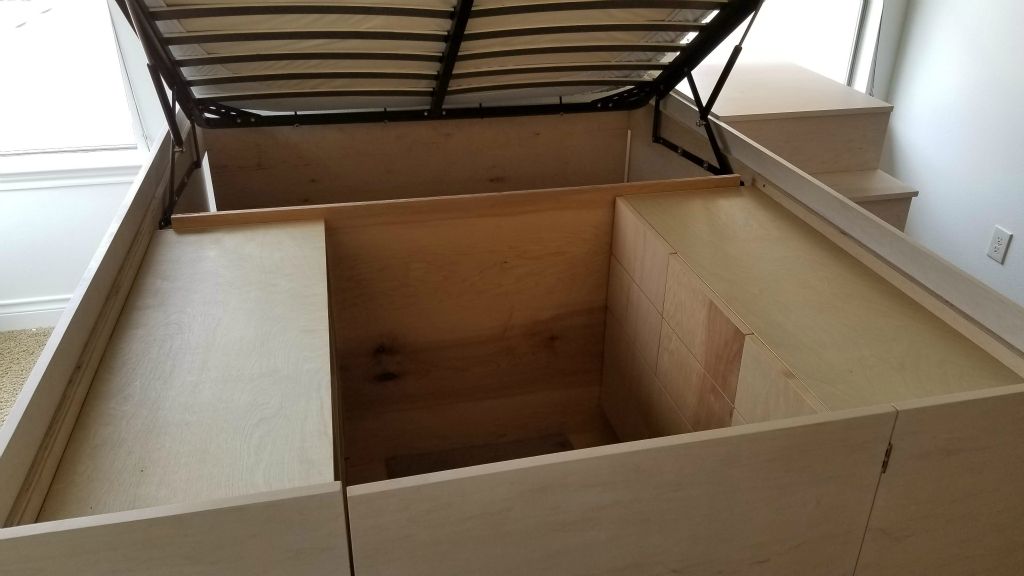 Lift Up Platform Bed with Dresser and Cubbies in Pickled Maple