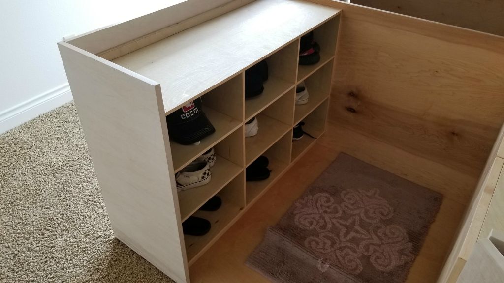 Lift Up Platform Bed with Dresser and Cubbies in Pickled Maple