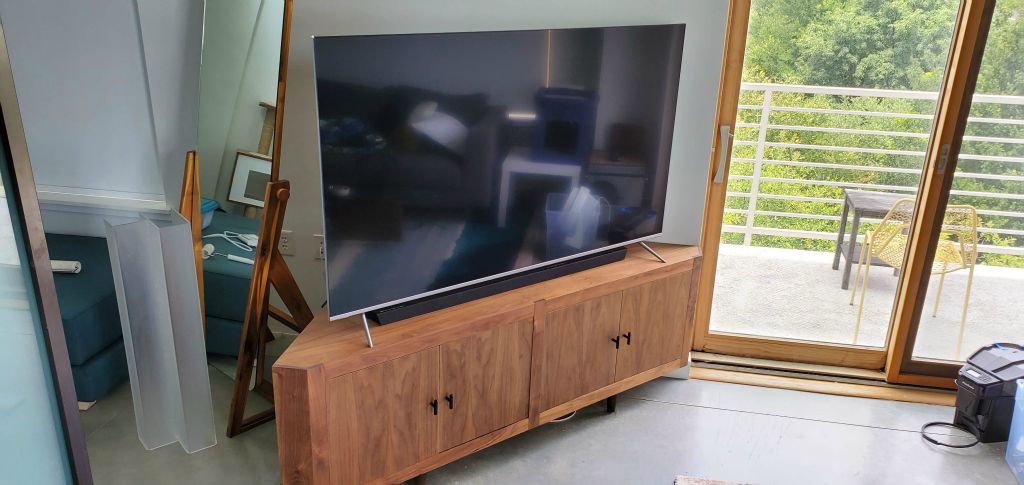 Mid Century Corner Media Console in Walnut