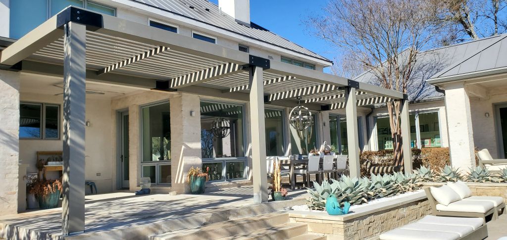 Custom Pergola in Douglas Fir with Custom Brackets, Weathered Finish