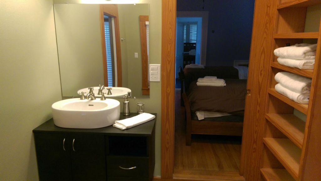 Custom Floating Vanity Top and Cabinet (Black Stained Hickory on Birch)
