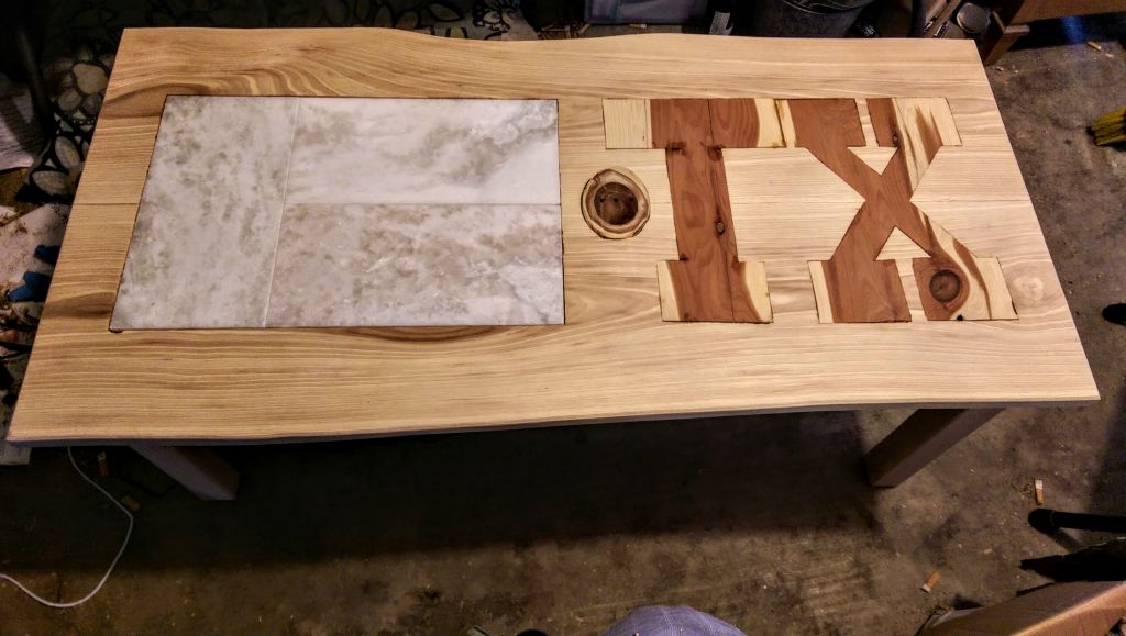 COMMISSIONED Solid Hickory Texas Table with LED Texas Flag under Carrera Marble with Cedar TX Inlay