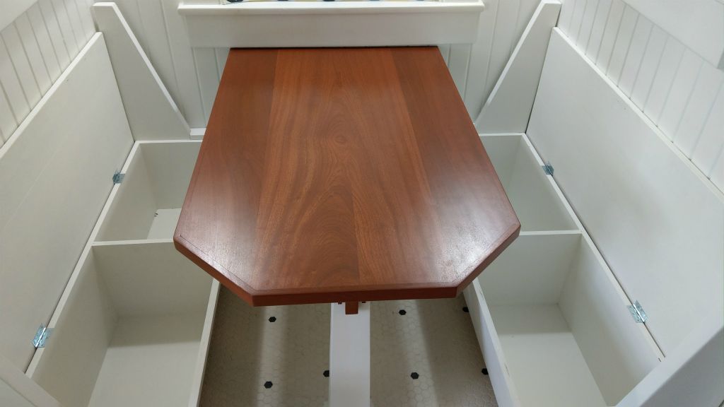Solid Mahogany Table Top Custom Stained, Triptych Styling with Restoration Benches from Original 1930's House Construction.