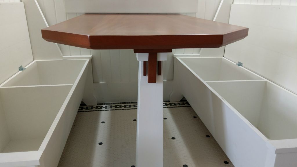 Solid Mahogany Table Top Custom Stained, Triptych Styling with Restoration Benches from Original 1930's House Construction.