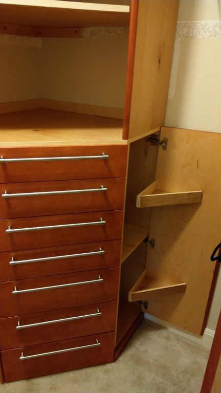 Tiny Closet Space Saver (8' tall!). Stained Maple Edge Trimming and Corner Dresser with Drawer Back Stowaway Shelving and a Pivot Door