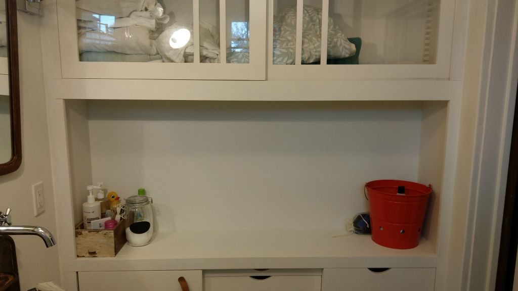 11' Bathroom Upgrade. 12" deep! 1930's Adjustable Shelving with Library Vanity Drawers and Sliding Art-Deco doors.