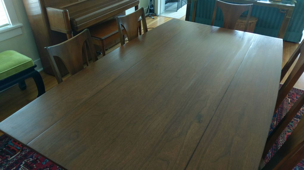 60's-70's post art-deco drop leaf 6' dining table.  Suspected solvent damage. AFTER