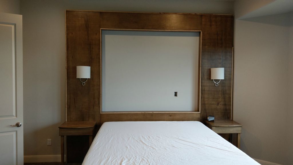 Maple Wall Panel with Fabric Panel Recess, Faux-Platform Bed, Mission Style Bench