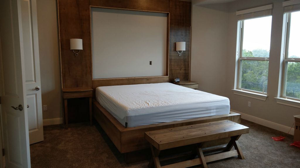 Maple Wall Panel with Fabric Panel Recess, Faux-Platform Bed, Mission Style Bench
