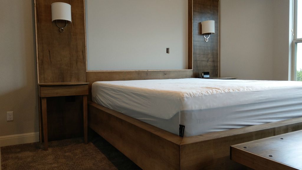 Maple Wall Panel with Fabric Panel Recess, Faux-Platform Bed, Mission Style Bench